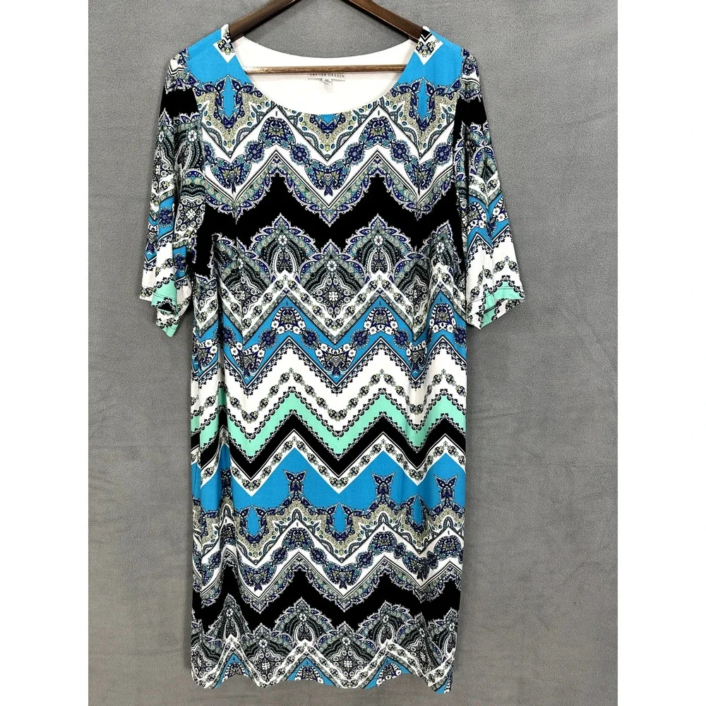 Sandra Dareen Shift Dress Womens 2X Blue Geometric Stretch Art To Wear Boho